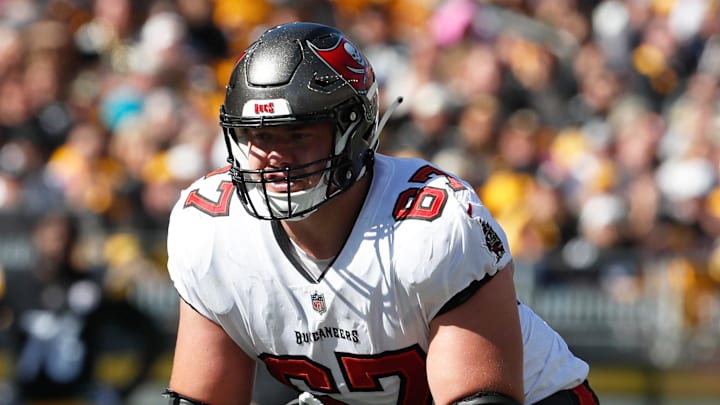 Oct 16, 2022; Pittsburgh, Pennsylvania, USA; Tampa Bay Buccaneers guard Luke Goedeke (67) against the Pittsburgh Steelers during the second quarter at Acrisure Stadium. Mandatory Credit: Charles LeClaire-Imagn Images Oct 16, 2022; Pittsburgh, Pennsylvania, USA; Tampa Bay Buccaneers guard Luke Goedeke (67) against the Pittsburgh Steelers during the second quarter at Acrisure Stadium. Mandatory Credit: Charles LeClaire-Imagn Images