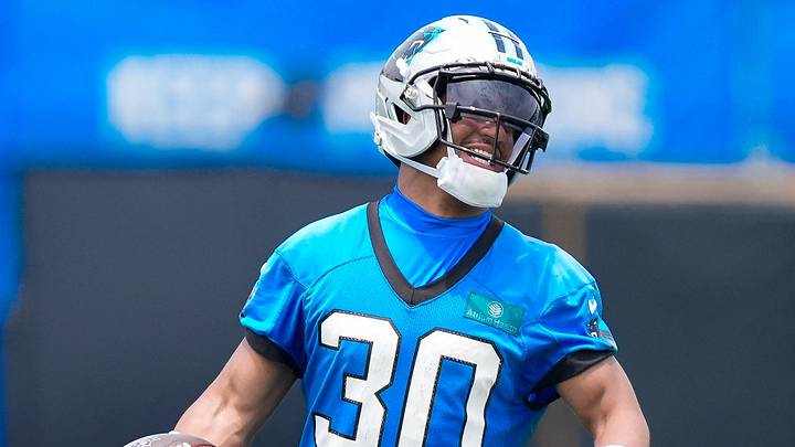 Carolina Panthers running back Chuba Hubbard (30) makes a catch  