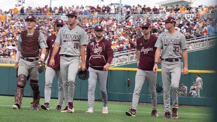 Jun 22, 2024; Omaha, NE, USA;  Texas A&M Aggies starting pitcher Ryan Prager (18) and catcher Jackson Appel (20) walk to the dugout before a game against the Tennessee Volunteers at Charles Schwab Field Omaha. Mandatory Credit: Steven Branscombe-Imagn Images