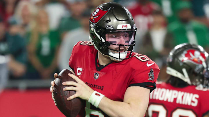 Jan 15, 2024; Tampa, Florida, USA; Tampa Bay Buccaneers quarterback Baker Mayfield (6) scrambles during the first half of a 2024 NFC wild card game against the Philadelphia Eagles at Raymond James Stadium. Mandatory Credit: Kim Klement Neitzel-USA TODAY Sports Jan 15, 2024; Tampa, Florida, USA; Tampa Bay Buccaneers quarterback Baker Mayfield (6) scrambles during the first half of a 2024 NFC wild card game against the Philadelphia Eagles at Raymond James Stadium. Mandatory Credit: Kim Klement Neitzel-USA TODAY Sports