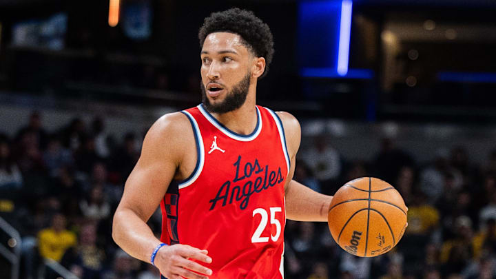 Feb 23, 2025; Indianapolis, Indiana, USA;  LA Clippers guard Ben Simmons (25) dribbles the ball  in the first half against the Indiana Pacers at Gainbridge Fieldhouse. Mandatory Credit: Trevor Ruszkowski-Imagn Images