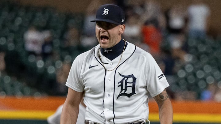 Detroit Tigers relief pitcher Alex Lange (55) pumps his arms after securing the final out. 