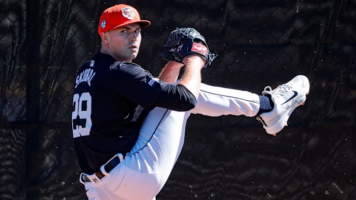 Detroit Tigers pitcher Tarik Skubal throws during spring training at TigerTown in Lakeland, Fla.