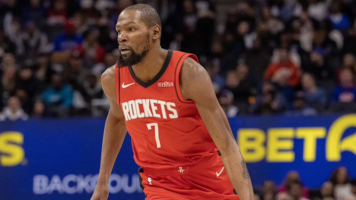 Jan 23, 2026; Detroit, Michigan, USA; Houston Rockets forward Kevin Durant (7) moves the ball up court against the Detroit Pistons during the first half at Little Caesars Arena. Mandatory Credit: David Reginek-Imagn Images