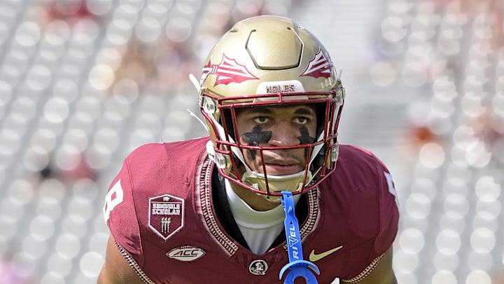 Sep 14, 2024; Tallahassee, Florida, USA; Florida State Seminoles defensive back Azareye'h Thomas (8) warms up before a game against the Memphis Tigers at Doak S. Campbell Stadium. Mandatory Credit: Melina Myers-Imagn Images