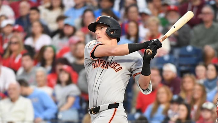 Apr 14, 2025; Philadelphia, Pennsylvania, USA; San Francisco Giants shortstop Tyler Fitzgerald (49) hits a 3-run home run during the second inning against the Philadelphia Phillies at Citizens Bank Park. 