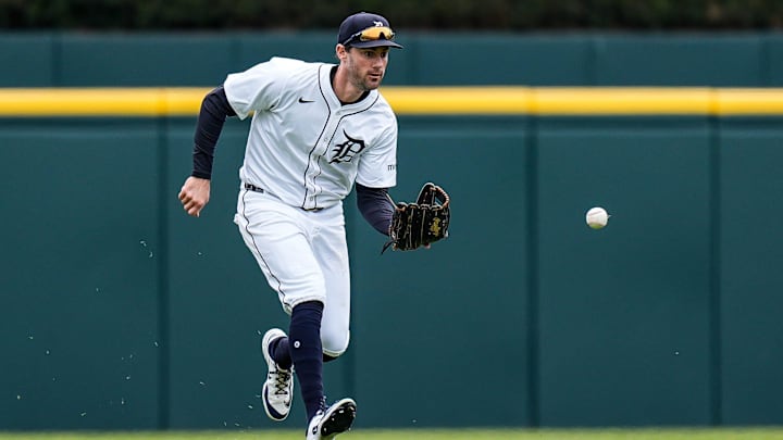 Detroit Tigers center fielder Ryan Kreidler (32) catches a fly out against New York Yankees during the fifth inning
 at Comerica Park in Detroit on Wednesday, April 9, 2025.