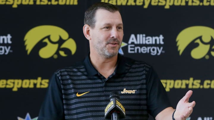 Iowa football’s offensive coordinator Tim Lester speaks to the media Tuesday, Sept. 24, 2024 in Iowa City, Iowa.
