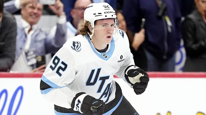 Oct 9, 2025; Denver, Colorado, USA; Utah Mammoth center Logan Cooley (92) before the game against the against the Colorado Avalanche at Ball Arena. Mandatory Credit: Ron Chenoy-Imagn Images Oct 9, 2025; Denver, Colorado, USA; Utah Mammoth center Logan Cooley (92) before the game against the against the Colorado Avalanche at Ball Arena. Mandatory Credit: Ron Chenoy-Imagn Images