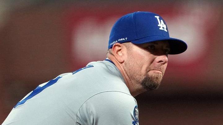 Los Angeles Dodgers pitcher Blake Treinen (49) throws a pitch against the San Francisco Giants during the ninth inning as the name Charlie Kirk is written on his hat at Oracle Park. Los Angeles Dodgers pitcher Blake Treinen (49) throws a pitch against the San Francisco Giants during the ninth inning as the name Charlie Kirk is written on his hat at Oracle Park.