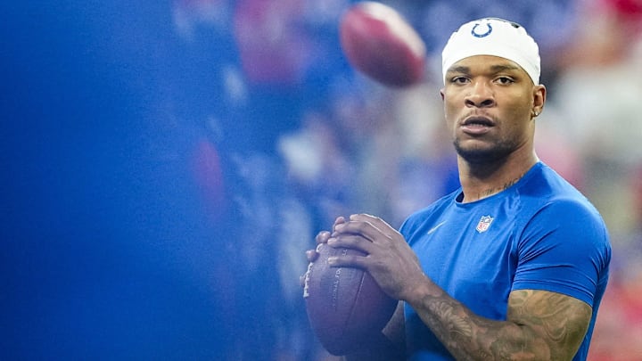 Indianapolis Colts quarterback Anthony Richardson (5) warms up Sunday, Nov. 10, 2024, during a game against the Buffalo Bills at Lucas Oil Stadium in Indianapolis.