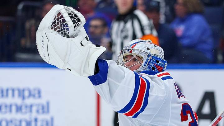 Apr 15, 2026; Tampa, Florida, USA; New York Rangers goaltender Dylan Garand (33) makes a save against the Tampa Bay Lightning in the third period at Benchmark International Arena. Mandatory Credit: Nathan Ray Seebeck-Imagn Images