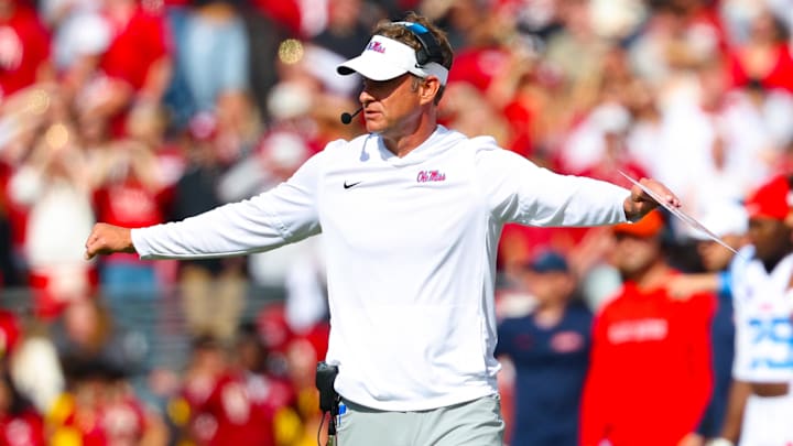 Oct 25, 2025; Norman, Oklahoma, USA;  Ole Miss Rebels head coach Lane Kiffin during the game against the Oklahoma Sooners at Gaylord Family-Oklahoma Memorial Stadium. Mandatory Credit: Kevin Jairaj-Imagn Images