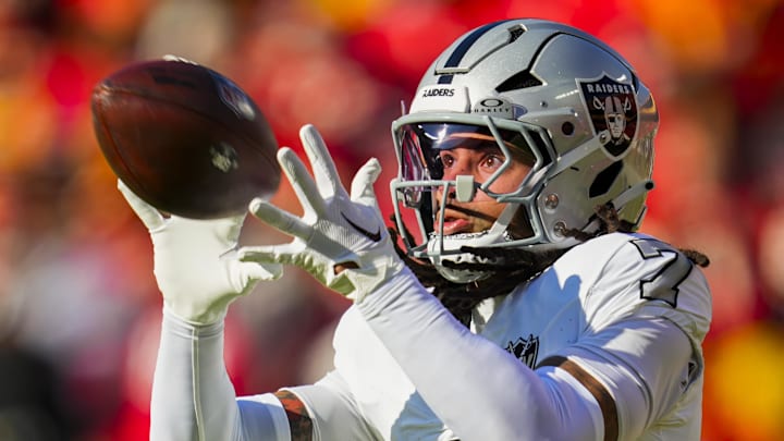 Nov 29, 2024; Kansas City, Missouri, USA; Las Vegas Raiders safety Tre'von Moehrig (7) warms up prior to a game against the Kansas City Chiefs at GEHA Field at Arrowhead Stadium. Mandatory Credit: Jay Biggerstaff-Imagn Images