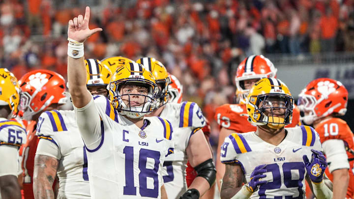 Louisiana State University quarterback Garrett Nussmeier (18) reacts after the last snap and play after LSU beat Clemson 17-10 at Memorial Stadium in Clemson, S.C. Saturday, August 30, 2025.