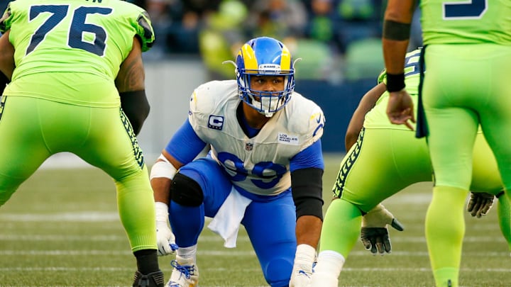Oct 7, 2021; Seattle, Washington, USA; Los Angeles Rams defensive end Aaron Donald (99) waits for a snap against the Seattle Seahawks during the second quarter at Lumen Field. Mandatory Credit: Joe Nicholson-Imagn Images