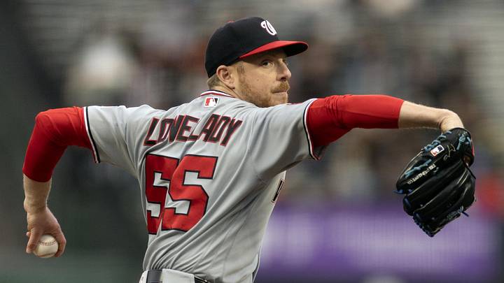 Jun 8, 2026; San Francisco, California, USA; Washington Nationals starting pitcher Richard Lovelady (55) delivers a pitch against the San Francisco Giants during the first inning at Oracle Park. Mandatory Credit: D. Ross Cameron-Imagn Images