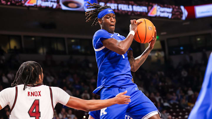 Feb 24, 2026; Columbia, South Carolina, USA; Kentucky Wildcats guard Denzel Aberdeen (1) grabs a rebound against the South Carolina Gamecocks during the first half at Colonial Life Arena. Mandatory Credit: Jeff Blake-Imagn Images Feb 24, 2026; Columbia, South Carolina, USA; Kentucky Wildcats guard Denzel Aberdeen (1) grabs a rebound against the South Carolina Gamecocks during the first half at Colonial Life Arena. Mandatory Credit: Jeff Blake-Imagn Images