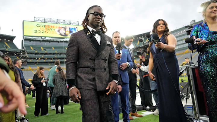 NFL draft prospect, Ashton Jeanty of Boise State, during the NFL Draft Red Carpet event at Lambeau Field in Green Bay on Thursday, April 24, 2025. NFL draft prospect, Ashton Jeanty of Boise State, during the NFL Draft Red Carpet event at Lambeau Field in Green Bay on Thursday, April 24, 2025.