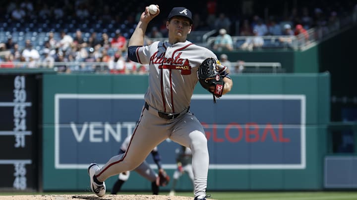 Apr 23, 2026; Washington, District of Columbia, USA; Atlanta Braves starting pitcher JR Ritchie (56) pitches against the Washington Nationals during the second inning at Nationals Park. Mandatory Credit: Geoff Burke-Imagn Images