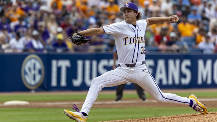 May 25, 2024; Hoover, AL, USA; LSU Tigers pitcher Griffin Herring pitches in the tenth inning against the South Carolina Gamecocks (35) during the SEC Baseball Tournament at Hoover Metropolitan Stadium. Mandatory Credit: Vasha Hunt-Imagn Images