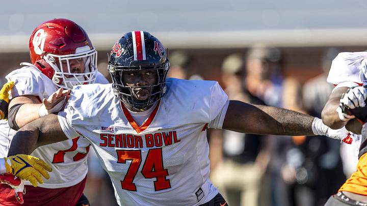 Jan 31, 2024; Mobile, AL, USA; American offensive lineman Delmar Glaze of Maryland (74) looks for a block during practice for the American team at Hancock Whitney Stadium. Mandatory Credit: Vasha Hunt-USA TODAY Sports Jan 31, 2024; Mobile, AL, USA; American offensive lineman Delmar Glaze of Maryland (74) looks for a block during practice for the American team at Hancock Whitney Stadium. Mandatory Credit: Vasha Hunt-USA TODAY Sports