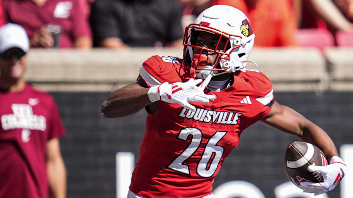 Louisville Cardinals running back Duke Watson (26) celebrates after scoring touchdown in the first half against EKU at the Cardinals' season opener Saturday, August 30, 2025 at L&N Federal Credit Union Stadium in Louisville, Kentucky. Louisville Cardinals running back Duke Watson (26) celebrates after scoring touchdown in the first half against EKU at the Cardinals' season opener Saturday, August 30, 2025 at L&N Federal Credit Union Stadium in Louisville, Kentucky.