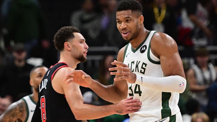 Nov 13, 2023; Milwaukee, Wisconsin, USA; Milwaukee Bucks forward Giannis Antetokounmpo (34) and Chicago Bulls guard Zach LaVine (8) hug after the game at Fiserv Forum. Mandatory Credit: Benny Sieu-Imagn Images