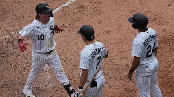 Jun 14, 2026; Chicago, Illinois, USA; Chicago White Sox second baseman Chase Meidroth (10) is greeted by outfielder Braden Montgomery (24) and first baseman Jacob Gonzalez (7) after hitting a two-run home run against the Los Angeles Dodgers during the sixth inning at Rate Field. Mandatory Credit: David Banks-Imagn Images Jun 14, 2026; Chicago, Illinois, USA; Chicago White Sox second baseman Chase Meidroth (10) is greeted by outfielder Braden Montgomery (24) and first baseman Jacob Gonzalez (7) after hitting a two-run home run against the Los Angeles Dodgers during the sixth inning at Rate Field. Mandatory Credit: David Banks-Imagn Images