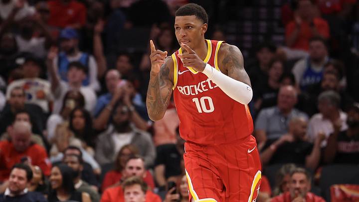 Oct 21, 2026; Houston, Texas, USA; Houston Rockets forward Jabari Smith Jr. (10) reacts after scoring during the fourth quarter against the Dallas Mavericks at Toyota Center. Mandatory Credit: Troy Taormina-Imagn Images