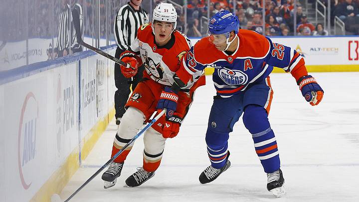 Mar 28, 2026; Edmonton, Alberta, CAN; Anaheim Ducks defensemen Olen Zellweger (51) and Edmonton Oilers defensemen Darnell Nurse (25) chase a loose puck during the second period at Rogers Place. Mandatory Credit: Perry Nelson-Imagn Images Mar 28, 2026; Edmonton, Alberta, CAN; Anaheim Ducks defensemen Olen Zellweger (51) and Edmonton Oilers defensemen Darnell Nurse (25) chase a loose puck during the second period at Rogers Place. Mandatory Credit: Perry Nelson-Imagn Images