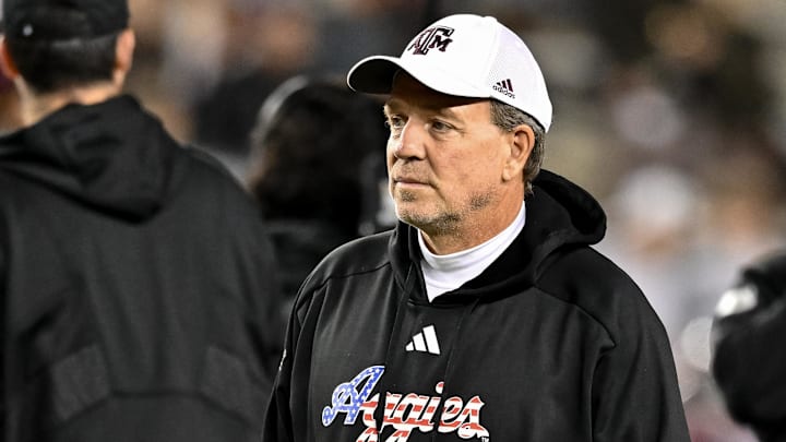 Texas A&M Aggies head coach Jimbo Fisher looks on during warm ups prior to the game against the Mississippi State Bulldogs.