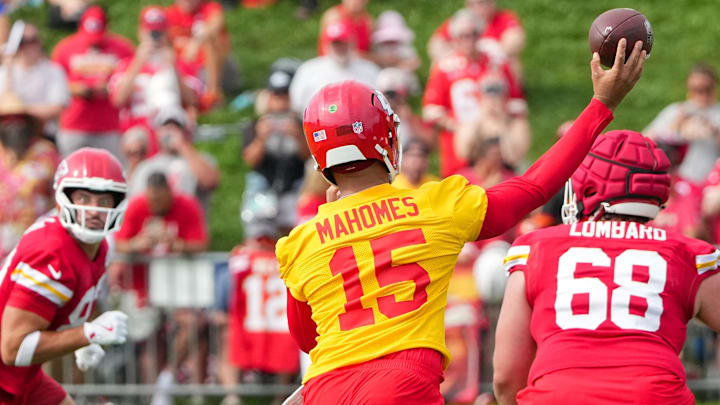Jul 22, 2025; St. Joseph, MO, USA; Kansas City Chiefs quarterback Patrick Mahomes (15) throws a pass during training camp at Missouri Western State University. Mandatory Credit: Denny Medley-Imagn Images