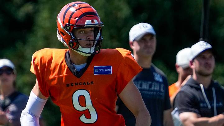 Cincinnati Bengals quarterback Joe Burrow (9) scrambles during practice at the Paycor Stadium practice facility in downtown Cincinnati on Tuesday, Aug. 4, 2026. Cincinnati Bengals quarterback Joe Burrow (9) scrambles during practice at the Paycor Stadium practice facility in downtown Cincinnati on Tuesday, Aug. 4, 2026.