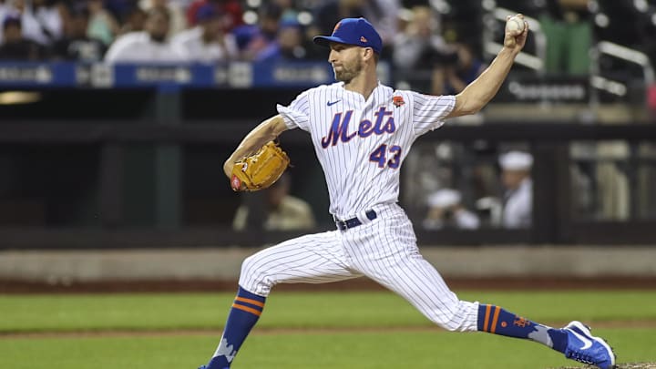 May 30, 2022; New York City, New York, USA; New York Mets relief pitcher Chasen Shreve (43) throws a pitch in the seventh inning against the Washington Nationals at Citi Field. Mandatory Credit: Wendell Cruz-Imagn Images