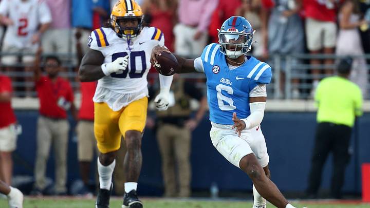 Sep 27, 2025; Oxford, Mississippi, USA; Mississippi Rebels quarterback Trinidad Chambliss (6) runs the ball during the fourth quarter against the LSU Tigers at Vaught-Hemingway Stadium. Mandatory Credit: Petre Thomas-Imagn Images