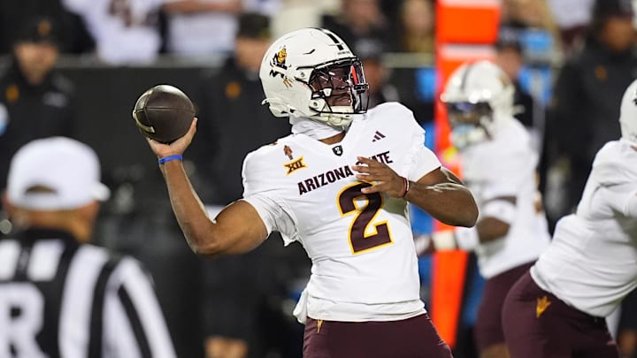 Nov 22, 2025; Boulder, Colorado, USA; Arizona State Sun Devils quarterback Jeff Sims (2) prepares to pass the ball in the first quarter against the Colorado Buffaloes at Folsom Field. Mandatory Credit: Ron Chenoy-Imagn Images