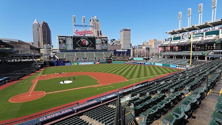 Members of the Cleveland Guardians take care of the field before last season's March 30 home opener at Progressive Field. This season's home opener will coincide with the April 8 total solar eclipse.