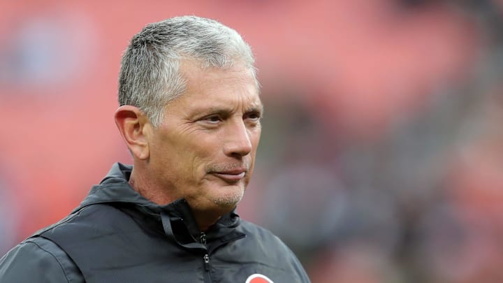 Cleveland Browns defensive coordinator Jim Schwartz watches the team warm up before a game against the Baltimore Ravens on Nov. 16, 2025, in Cleveland.