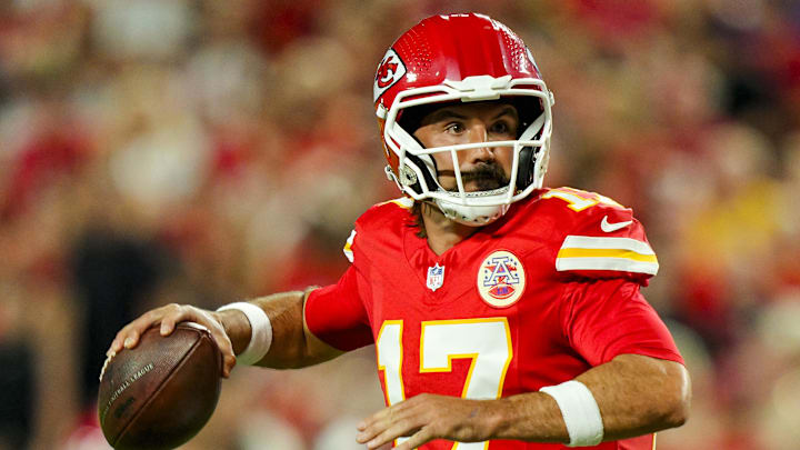 Aug 22, 2025; Kansas City, Missouri, USA; Kansas City Chiefs quarterback Gardner Minshew (17) throws a pass during the first half against the Chicago Bears at GEHA Field at Arrowhead Stadium. Mandatory Credit: Jay Biggerstaff-Imagn Images