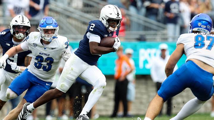 Penn State Nittany Lions wide receiver Zay Robinson (2) runs with the ball against the Buffalo Bulls at Beaver Stadium. Penn State Nittany Lions wide receiver Zay Robinson (2) runs with the ball against the Buffalo Bulls at Beaver Stadium.