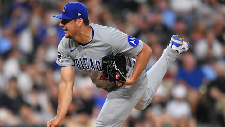 Jul 26, 2025; Chicago, Illinois, USA; Chicago Cubs pitcher Brad Keller (40) pitches during the eighth inning against the Chicago White Sox at Rate Field. Jul 26, 2025; Chicago, Illinois, USA; Chicago Cubs pitcher Brad Keller (40) pitches during the eighth inning against the Chicago White Sox at Rate Field.