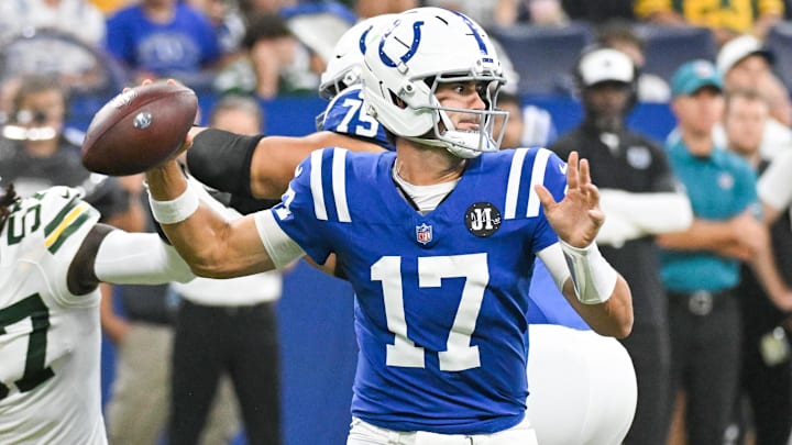 Aug 16, 2025; Indianapolis, Indiana, USA; Indianapolis Colts quarterback Daniel Jones (17) throws a pass during the first half against the Green Bay Packers at Lucas Oil Stadium. Mandatory Credit: Robert Goddin-Imagn Images