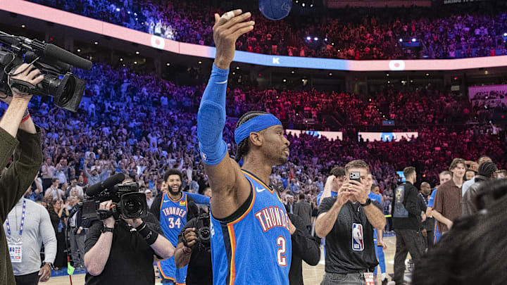 Mar 9, 2026; Oklahoma City, Oklahoma, USA; Oklahoma City Thunder guard Shai Gilgeous-Alexander (2) gestures and walks around the court after sinking a game winner 3 pointer basket against the Denver Nuggets during the second half at Paycom Center. Mandatory Credit: Alonzo Adams-Imagn Images