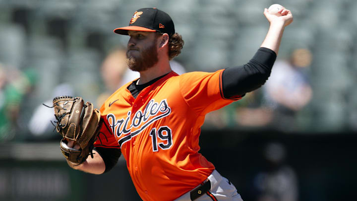 Jul 6, 2024; Oakland, California, USA; Baltimore Orioles pitcher Cole Irvin (19) delivers a pitch against the Oakland Athletics during the fourth inning at Oakland-Alameda County Coliseum