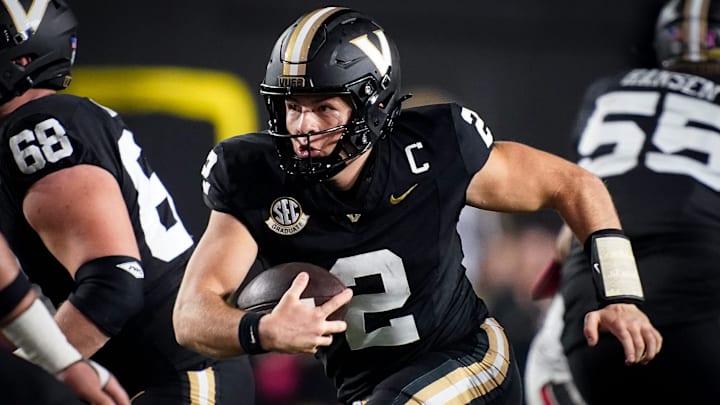 Vanderbilt quarterback Diego Pavia (2) runs the ball against Ball State during the fourth quarter at FirstBank Stadium in Nashville, Tenn., Saturday, Oct. 19, 2024. Vanderbilt quarterback Diego Pavia (2) runs the ball against Ball State during the fourth quarter at FirstBank Stadium in Nashville, Tenn., Saturday, Oct. 19, 2024.