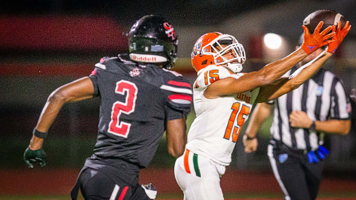 Eastside Rams Marcus Coefield (15) can’t hold onto a pass reception in the first half as South Sumter Raiders George Mullins (2) tracks him. The South Sumter Raiders hosted the Eastside Rams at South Sumter High School in Bushnell, FL on Thursday, November 7, 2024. [Doug Engle/Ocala Star Banner]
