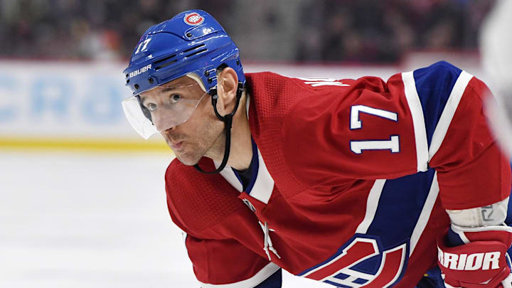 Feb 2, 2020; Montreal, Quebec, CAN; Montreal Canadiens forward Ilya Kovalchuk (17) prepares for a face off against the Columbus Blue Jackets during the second period at the Bell Centre. Mandatory Credit: Eric Bolte-Imagn Images
