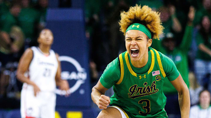 Notre Dame guard Hannah Hidalgo (3) celebrates scoring a three point shot during a NCAA women's basketball game between No. 8 Notre Dame and No. 2 UConn at Purcell Pavilion on Thursday, Dec. 12, 2024, in South Bend. Notre Dame guard Hannah Hidalgo (3) celebrates scoring a three point shot during a NCAA women's basketball game between No. 8 Notre Dame and No. 2 UConn at Purcell Pavilion on Thursday, Dec. 12, 2024, in South Bend.