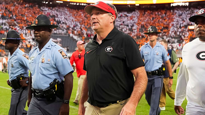 Georgia head coach Kirby Smart walks off the field after an overtime win against Tennessee at Neyland Stadium in Knoxville, Tenn., on Sept. 13, 2025.